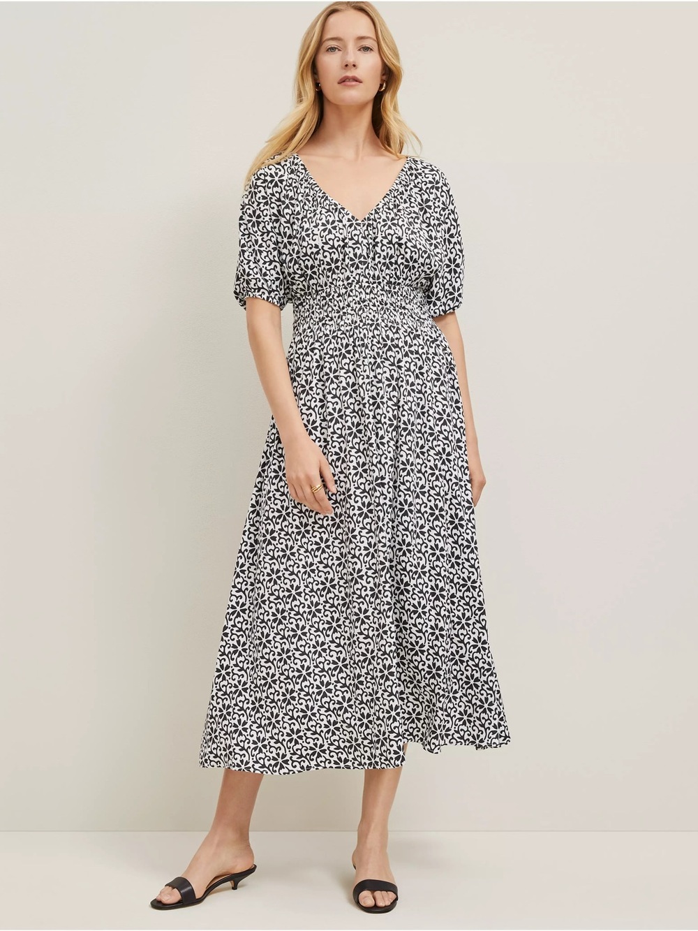 Ann Taylor floral smocked puff sleeve midi dress (size 12)